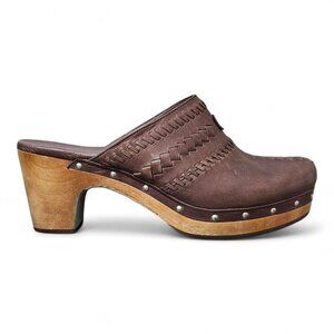 UGG Australia VIVICA Leather Studded Wooden Clogs Mules Slip On Brown Heel Shoes